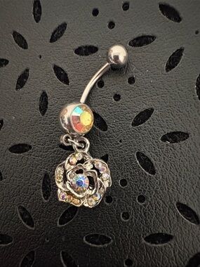 Silver Rose Crystal Dangle Navel Ring - Clear Aurora